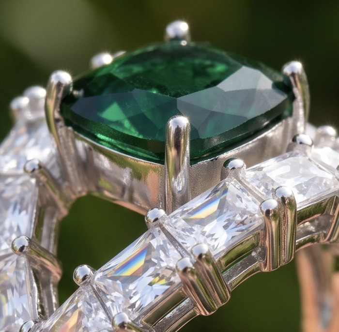 Precious 6.2 CARAT Chrome Diopside .925 Sterling Silver Statement Ring s. 8 - Close-up of a green chrome diopside and clear stones in sterling silver.