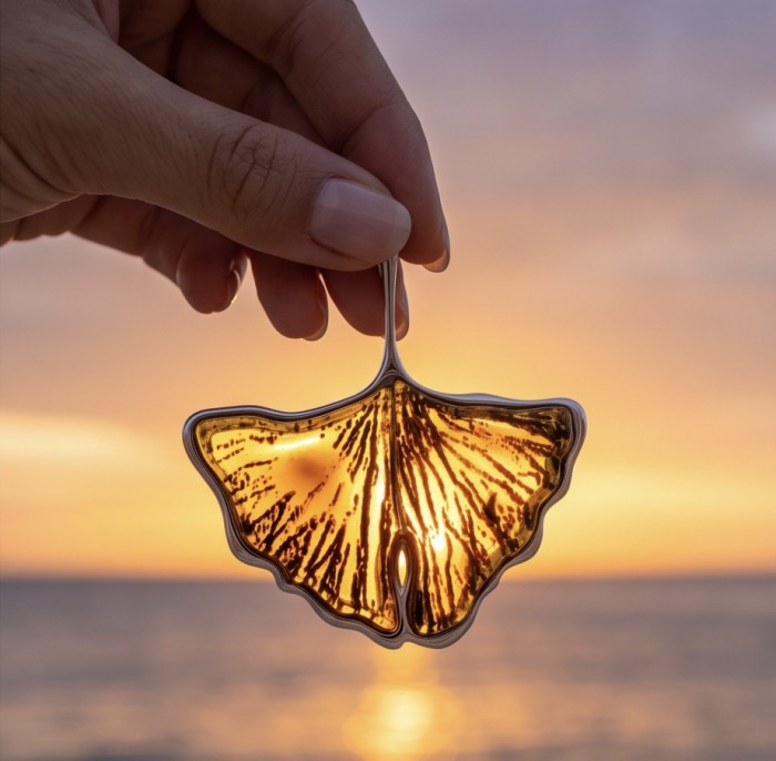 Calla Lily Prehistoric Authentic Butterscotch Baltic Amber .925 Sterling Silver beautifully handcrafted Pendant - Calla Lily amber jewelry against sunset, held between fingers.