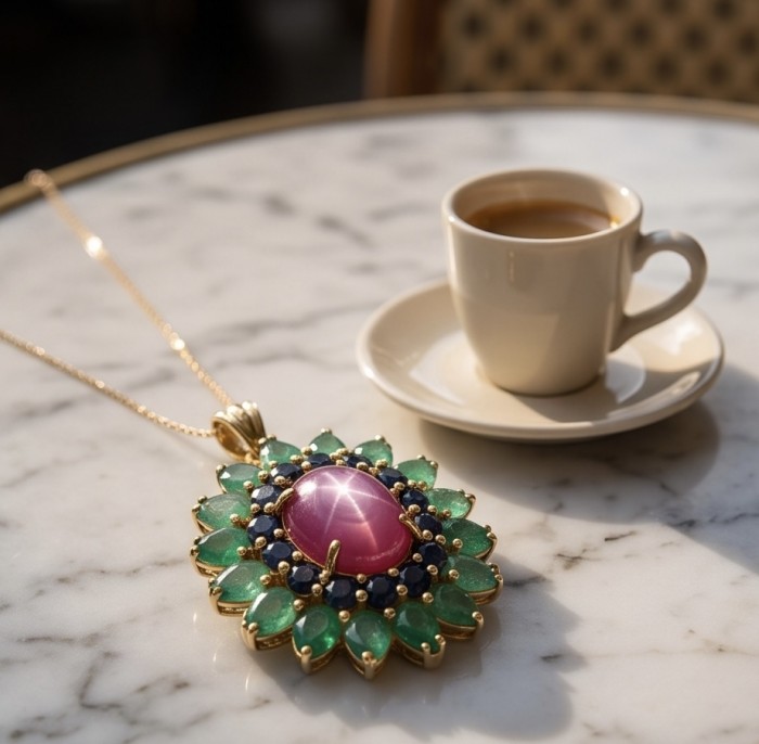 Carmen - authentic 22.5 carat Star Ruby 18K Gold over .925 Sterling Silver handcrafted Pendant - Star Ruby pendant on marble table beside a cup of coffee.
