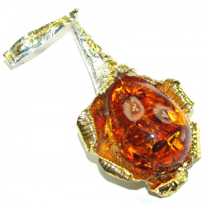 Masterpiece Golden Natural Baltic Amber 14K Gold over .925 Sterling Silver handmade Pendant - photo 1