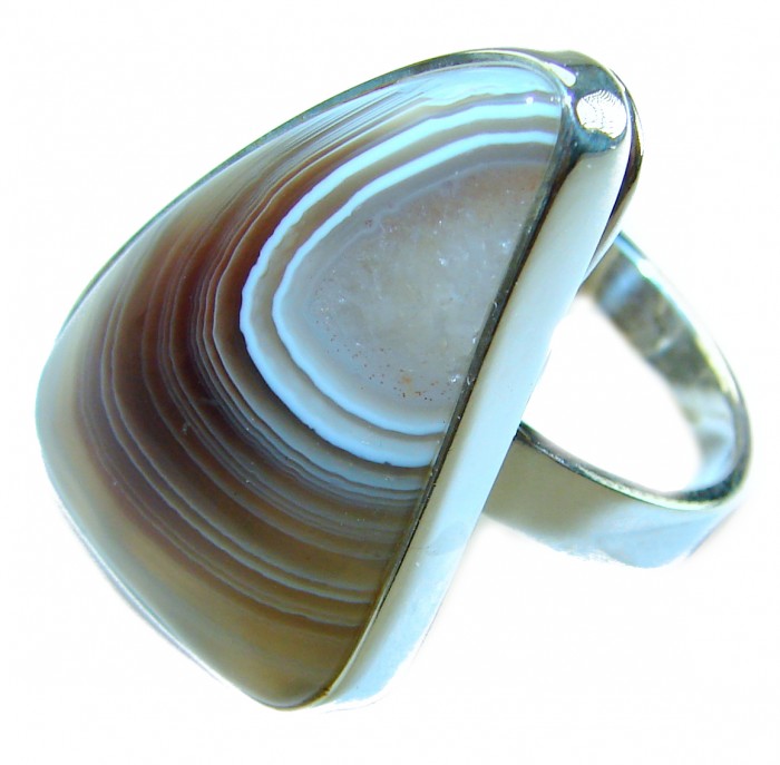 Top Quality Botswana Agate .925 Sterling Silver handcrafted Ring s. 8 adjustable - Close-up of Botswana Agate ring in .925 Sterling Silver, side view.