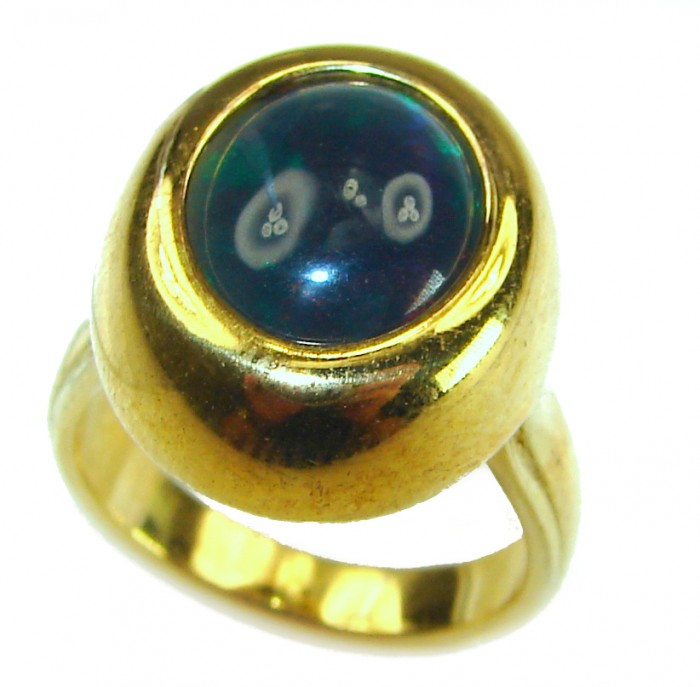 A COSMIC POWER Genuine 5.2 carat Black Opal 18K Gold over .925 Sterling Silver handmade Ring size 4 1/2 - Gold ring with black opal stone, close-up view.