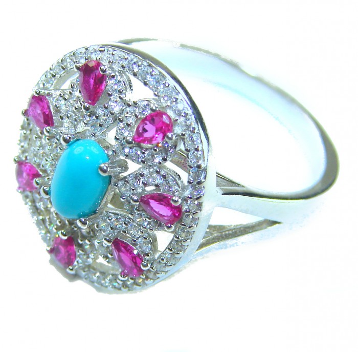 Serenity- 3.5 carat genuine Blue Turquoise 2.5 carat Ruby .925 Sterling Silver handmade Statement ring s. 7 3/4 - Side view of ring with blue turquoise and ruby stones on silver setting.