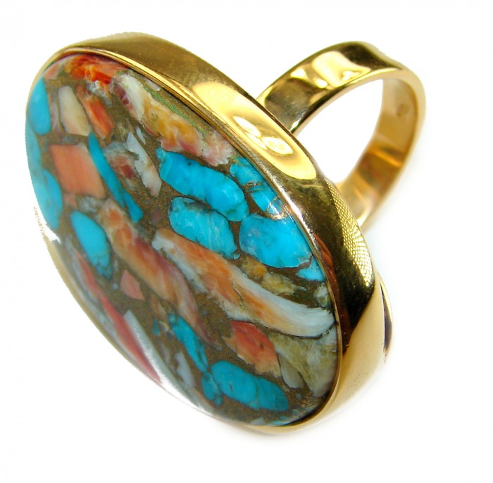 Rare 26.5 carat Oyster Turquoise 18K Gold over .925 Sterling Silver handcrafted Large ring; s. 8 adjustable - Close-up of rare 26.5 ct Oyster Turquoise ring in 18K gold over sterling silver