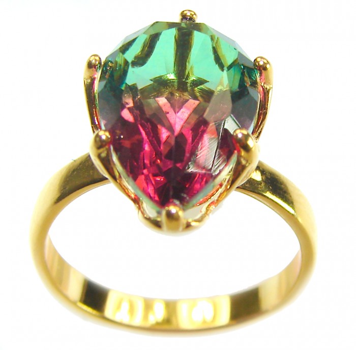 5.9 carat pear cut Brazilian Tourmaline 14K Gold over .925 Sterling Silver Perfectly handcrafted Ring s. 7 - Pear cut Brazilian Tourmaline ring in 14K gold, front view close-up.