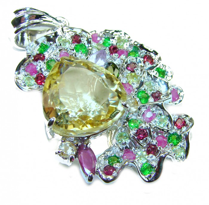 Vintage Design 12.4 CARAT authentic Amethyst 14K Gold over .925 Sterling Silver handcrafted Pendant - Stone close-up of vintage design with colorful gemstones and amethyst