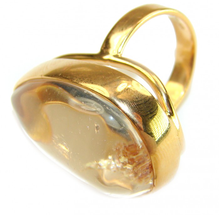 The best quality genuine 26.5 carat Phantom Quartz 18K Gold over .925 Sterling Silver handmade Statement Ring s. 8 adjustable - Side view of 26.5 carat Phantom Quartz ring in 18K gold.