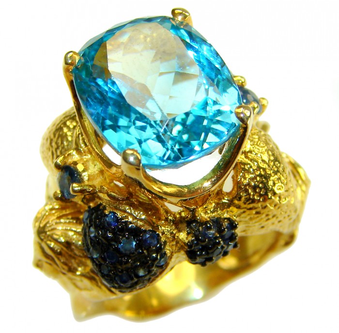 Poseidon 24.8 carat Swiss Blue Topaz 0.7 carat Black Diamond .925 Sterling Silver dipped in 22K Gold handcrafted Large ring size 7 - Close-up of Poseidon ring with blue topaz and black diamond accents