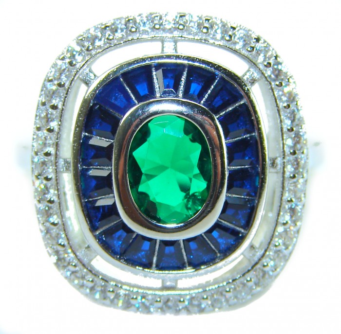 Art Deco 6.5 ctw Sapphire Emerald .925 Sterling Silver handcrafted Statement Ring size 9 1/4 - Stone close-up of Art Deco sapphire emerald sterling silver ring.
