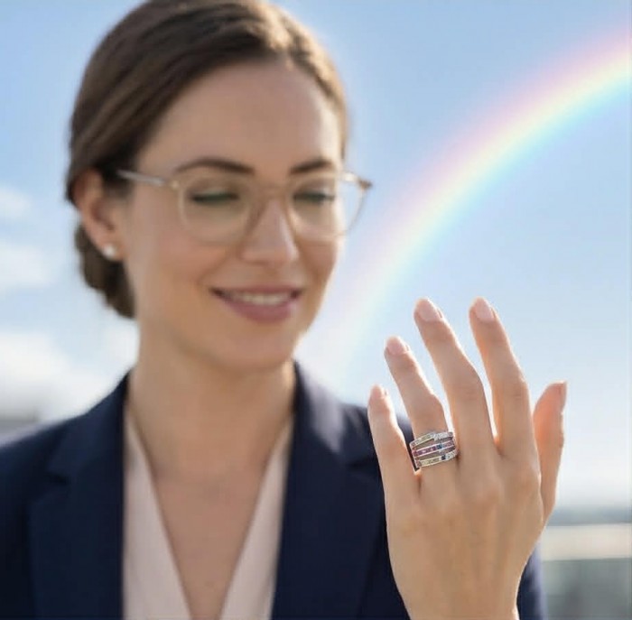 My own Rainbow - authentic 8.7 carat multigem .925 Sterling Silver Eternity Ring size 7 - Woman wearing Rainbow multigem ring, close-up with rainbow in background.