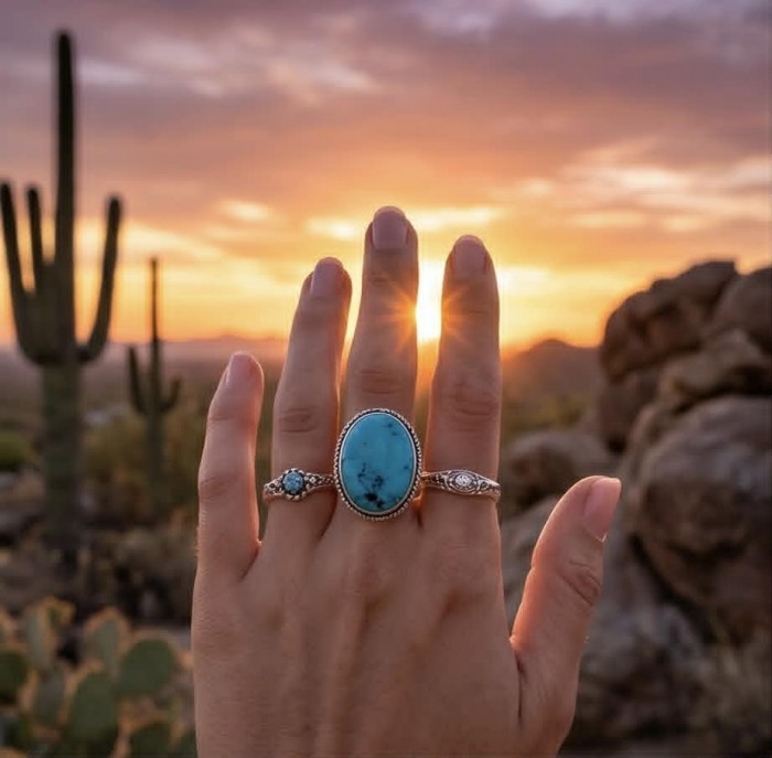 Go West - Rare authentic Turquoise .925 Sterling Silver handcrafted Large ring; s. 8 - Hand wearing Go West turquoise rings with sunset and cactus background