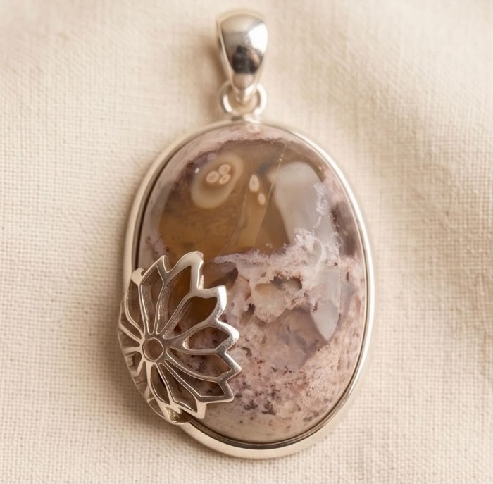 Bonefire night Natural 25.2 carat Mexican Fire Opal .925 Sterling Silver handmade Pendant - Mexican fire opal pendant, close-up of stone and silver detailing.