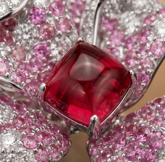 Wild Hibiscus 34.2 carat authentic Mozambique Ruby White Sapphire .925 Sterling Silver handcrafted Statement Ring size 6 - Close-up of Wild Hibiscus Mozambique Ruby and pink gemstones.