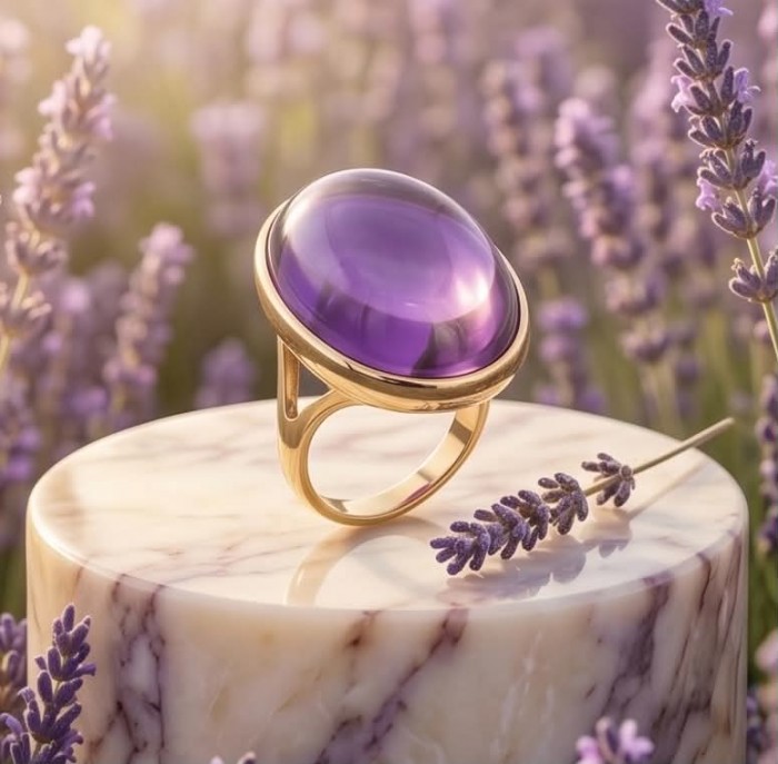 Top quality 26.2 carat Amethyst .925 Sterling Silver dipped in 18K Gold Handcrafted Large Ring size 6 1/4 - Amethyst ring on marble display surrounded by lavender flowers.