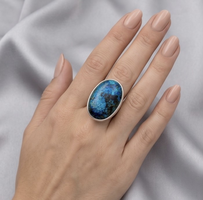 Bohemian Style - Stone Of Harmony Parrots Wing Chrysocolla .925 Sterling Silver ring s. 7 adjustable - Chrysocolla ring worn on hand, blue stone detail.