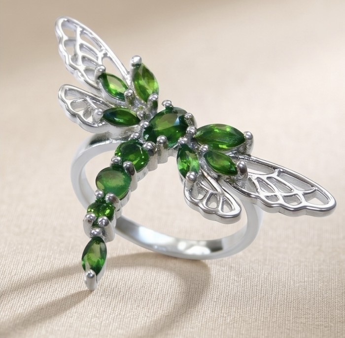 Green Dragonfly 6.2 carat Tsavorite Garnet .925 Sterling Silver Handcrafted Ring size 7 1/2 - Dragonfly ring with green tsavorite garnets, top view.