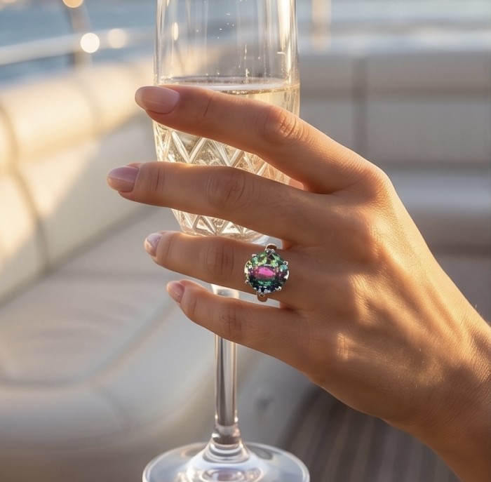 7.8 carat Brazilian Tourmaline .925 Sterling Silver Perfectly handcrafted Ring s. 6 - Tourmaline ring on hand holding a champagne glass, showcasing ring detail.