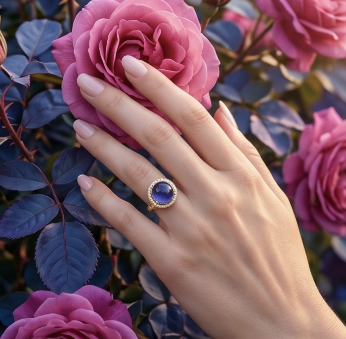 Precious Design round cut 9.9 CARAT Tanzanite 22K Gold over .925 Sterling Silver Statement Ring s. 6 1/4 - Tanzanite ring in 22K gold worn on hand with pink roses background.