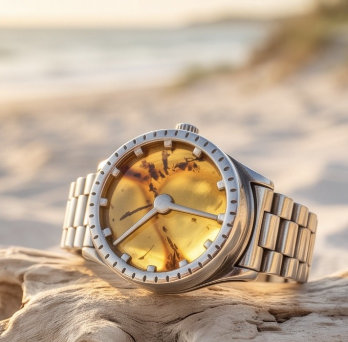 It's 4 O'Clock Somewhere Watch Authentic Baltic Amber .925 Sterling Silver handcrafted ring; s. 7 adjustable - Amber watch on driftwood at the beach, showcasing face and bracelet detail.