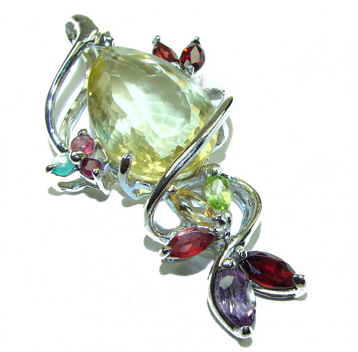 Timeless Jewels genuine 15.5 CARAT Lemon Topaz .925 Sterling Silver handmade Pendant - Close-up of multi-gemstone sterling silver pendant featuring lemon topaz.