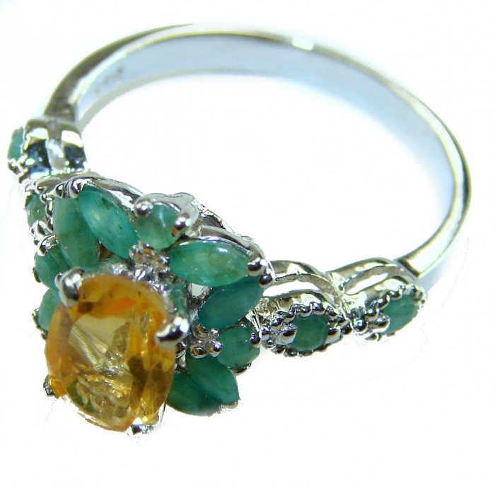 Golden Royalty 4.5 carat Citrine .925 Sterling Silver Handcrafted Huge Ring size 8 - Close-up of citrine and emerald ring in sterling silver setting.