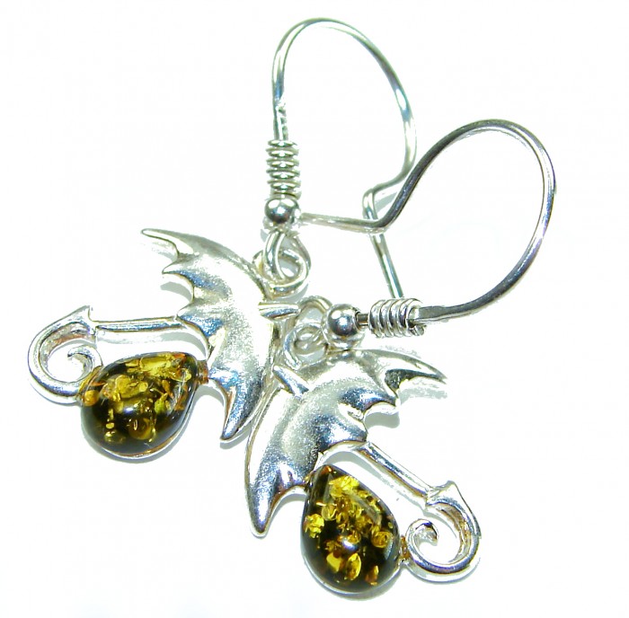 Umbrellas Genuine Baltic Amber .925 Sterling Silver handcrafted Earrings - Close-up of Baltic amber umbrella earrings in sterling silver.