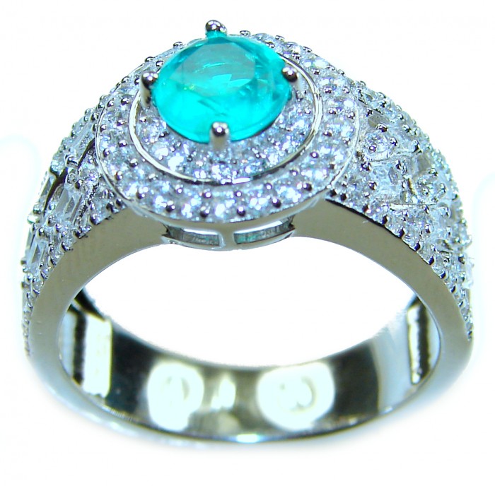 Eau Pure 2.5 carat Paraiba Tourmaline .925 Sterling Silver Handcrafted Ring size 8 1/4 - Side view of Eau Pure 2.5 carat Paraiba Tourmaline ring in silver.
