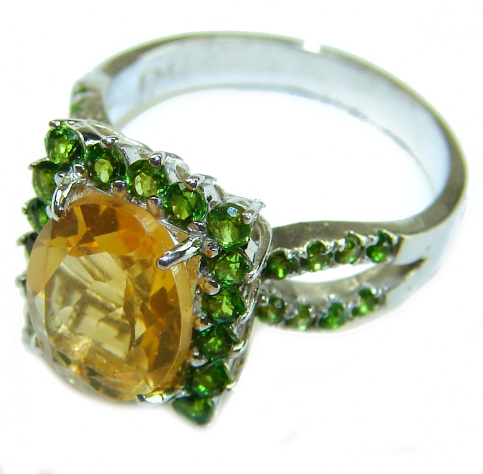 Casablanca 6.5 carat Citrine Emerald .925 Sterling Silver Handcrafted Ring size 6 - Close-up of citrine ring with emeralds in sterling silver setting