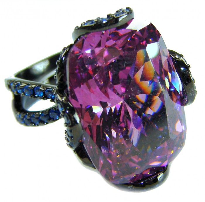 Stella Authentic 25.5 carat Pink Topaz Black rhodium over .925 Sterling Silver Handcrafted Ring size 7 adjustable - Close-up of Stella Authentic 25.5 ct pink topaz ring in black rhodium.