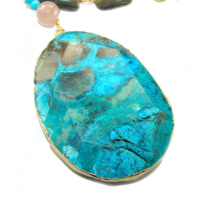 Boho Style - Great quality Chrysocolla 10K Gold over .925 Sterling Silver handcrafted Necklace - Close-up of chrysocolla stone pendant with 10K gold edge.