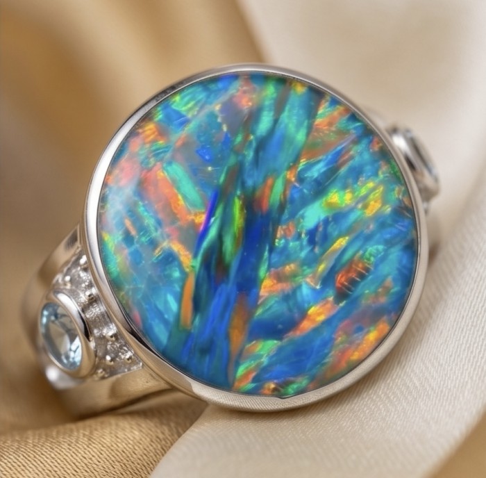 Endless Ocean Genuine 17.5 carat doublet Australian Opal .925 Sterling Silver handmade Ring size 6 3/4 - Close-up of Endless Ocean 17.5 carat doublet Australian Opal ring