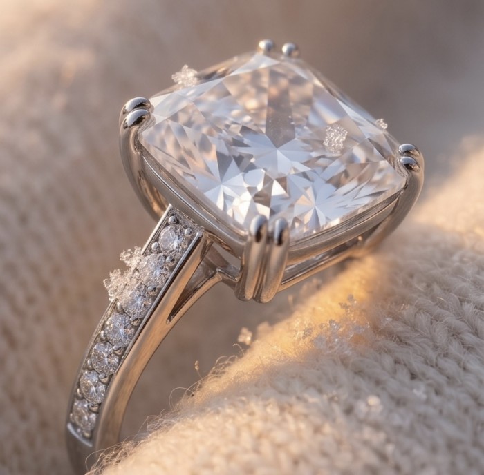 Giovanna - Precious assher cut 17.5 carta White Topaz rhodium over .925 Sterling Silver Statement ring size 7 1/4 - Close-up of asscher cut white topaz ring with snowflakes on band.