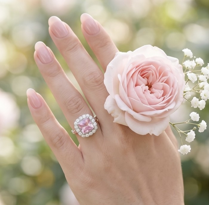 Tiffany - authentic princes cut 14.5 carat Pink Sapphire .925 Sterling Silver Handcrafted Statement Ring size 9 - Hand wearing pink sapphire ring with pink rose in background