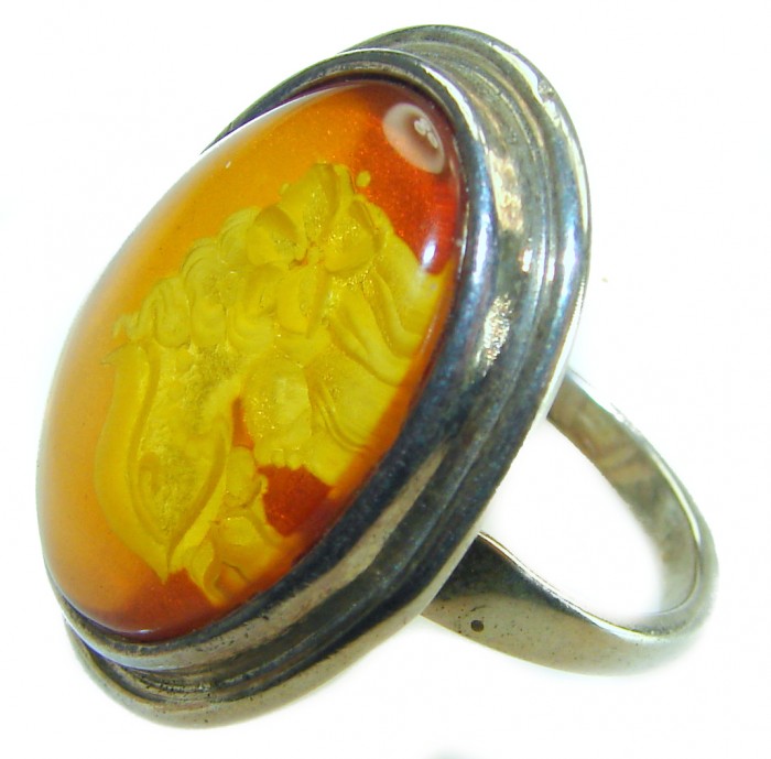 Beautiful Authentic carved Cameo Baltic Amber .925 Sterling Silver handcrafted ring; s. 8 - Close-up of carved Baltic amber ring in .925 sterling silver setting