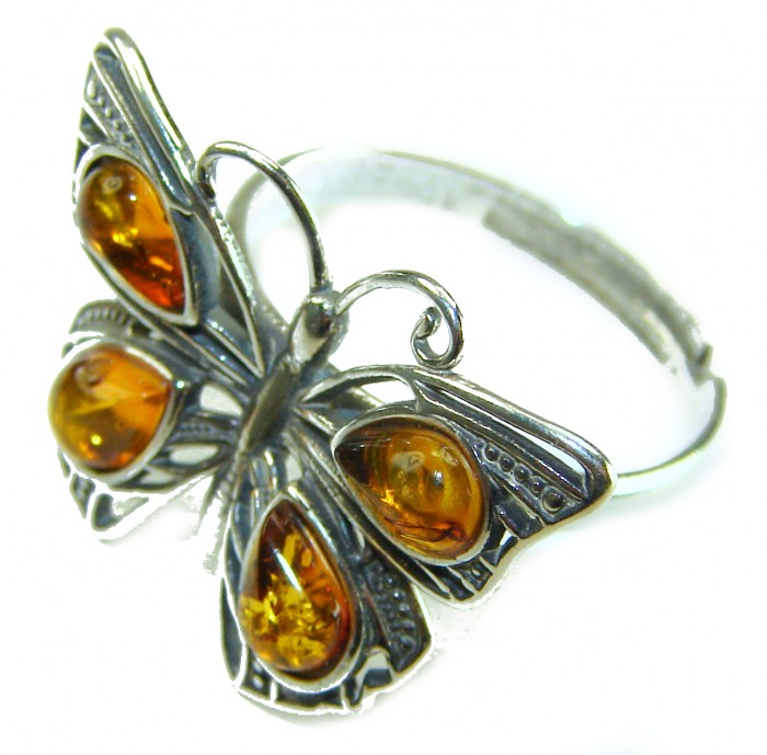 Butterfly Authentic Baltic Amber .925 Sterling Silver handcrafted ring; s. 8 adjustable - Butterfly ring with Baltic amber stones, top view, sterling silver.
