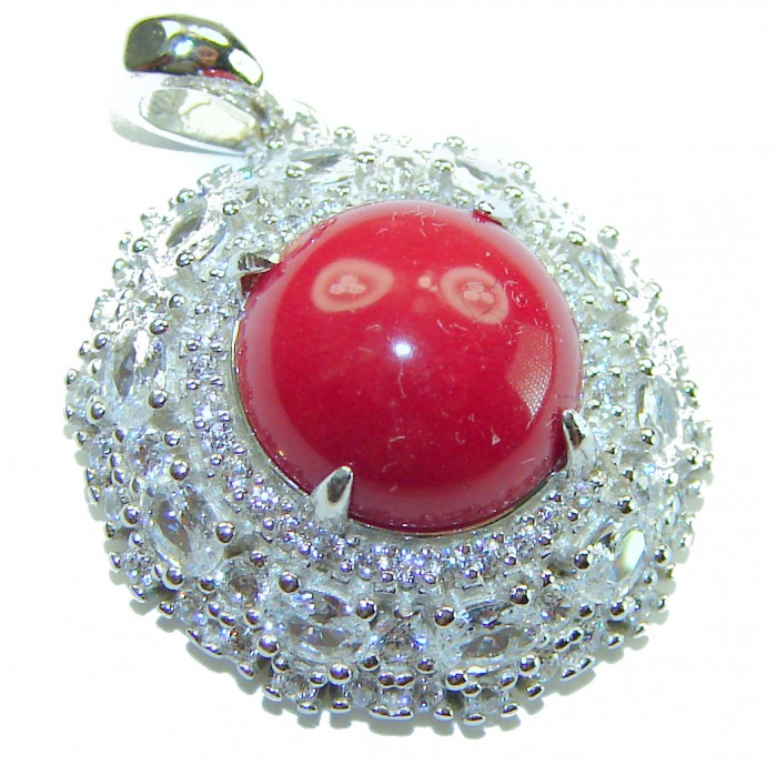 Elizabeth Natural Fossilized Coral .925 Sterling Silver handmade pendant - Close-up of sterling silver pendant with red coral stone