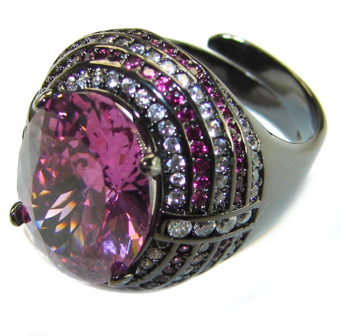Anastasia 10.2 carat Pink Sapphire black rhodium over .925 Sterling Silver Handcrafted Statement Ring size 7 adjustable - Pink Sapphire ring, side view, black rhodium over .925 silver.