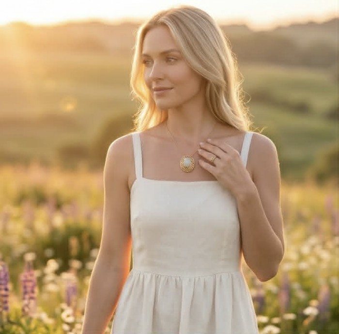 Earth Treasure Authentic 16.8 carat Golden Ethiopian Opal 22K Gold over .925 Sterling Silver handcrafted Statament Necklace - Woman wearing Earth Treasure Golden Ethiopian Opal necklace in sunlight.