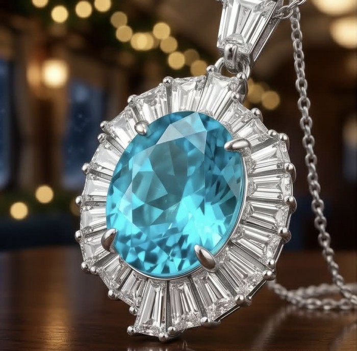 Wonderland 10.2 carat fancy oval cut Paraiba Tourmaline .925 Sterling Silver Handcrafted Statement necklace - Close-up of Wonderland 10.2 carat oval Paraiba Tourmaline necklace