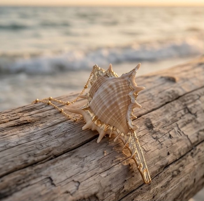 Vitamin Sea Large Oceab Shell 14K Gold over .925 Shell Sterling Silver necklace - Side view of ornate shell pendant on driftwood by the sea.
