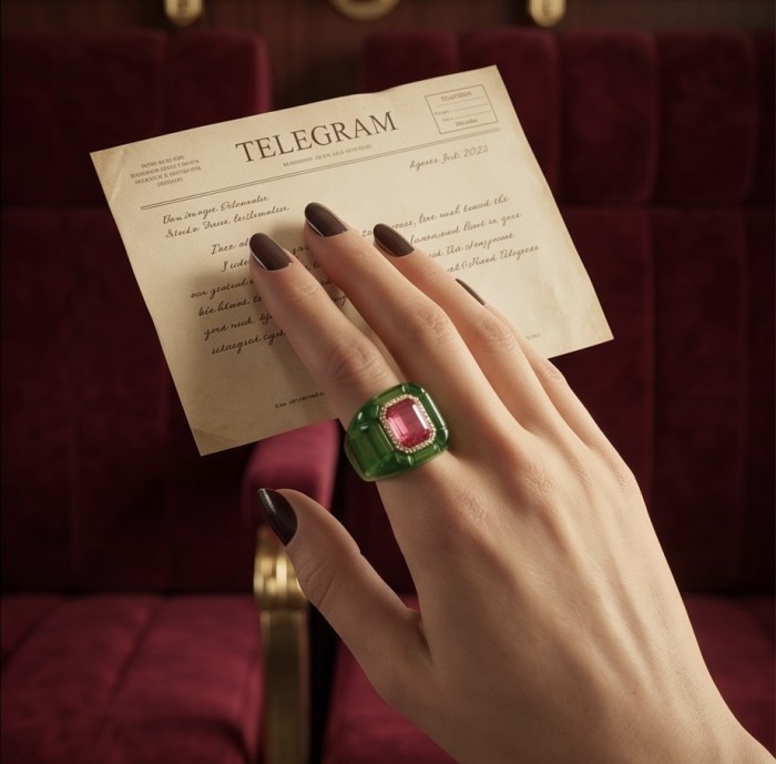 Candy Store - Modern Design Natural Green Raisin Pink Topaz .925 Sterling Silver ring size 8 1/4 - Hand wearing green resin ring with pink topaz, holding a telegram.