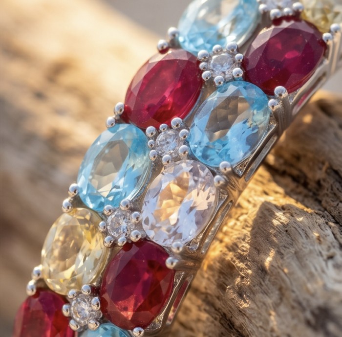 Fiesta Authentic 51.2 carat Morganite Ruby Swiss Blue Topaz .925 Sterling Silver handmade bangle Bracelet - Close-up of a colorful multi-gemstone bracelet on a wooden surface.