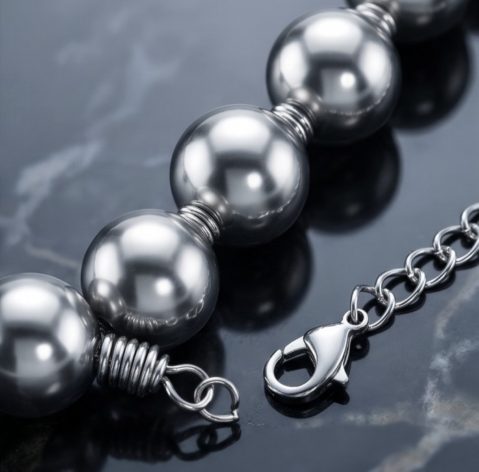 Fancy Italy made Silver Beads Sterling Silver necklace 16'' long, 10 mm wide - Clasp detail of silver beads sterling silver necklace on dark surface.