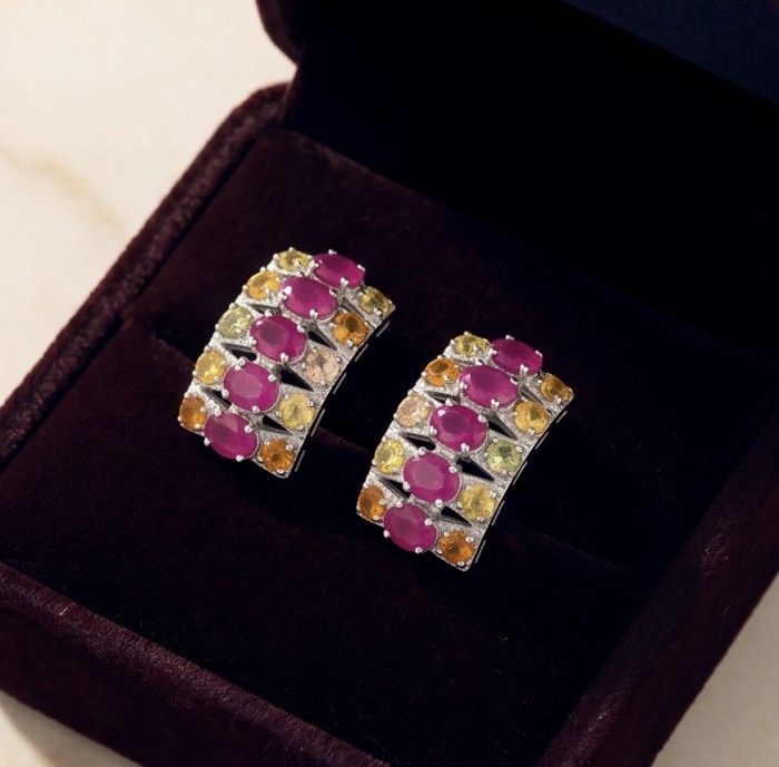 Valentina 18.2 carat Mozambique Ruby multicolor Sapphire .925 Sterling Silver dipped in rhodium Statement handcrafted earrings - Ruby and multicolor sapphire earrings in box, close-up view
