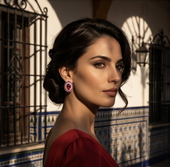 Precious - Art Deco 10.2 carat Ruby .925 Sterling Silver handmade earrings - Side view of woman wearing Art Deco ruby sterling silver earrings