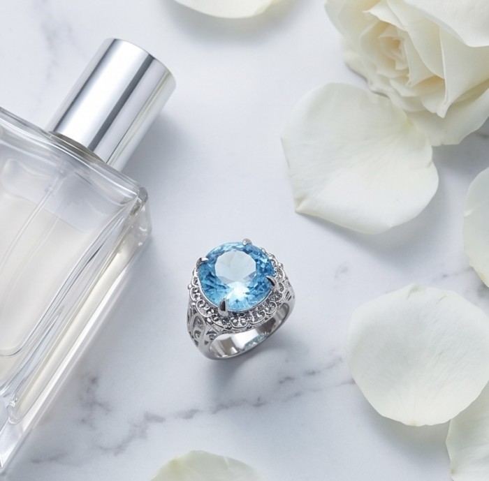 Poseidon 18.8 carat Swiss Blue Topaz .925 Sterling Silver dipped in rhodium handcrafted Large ring size 8 - Swiss Blue Topaz ring with perfume bottle and rose petals, top view