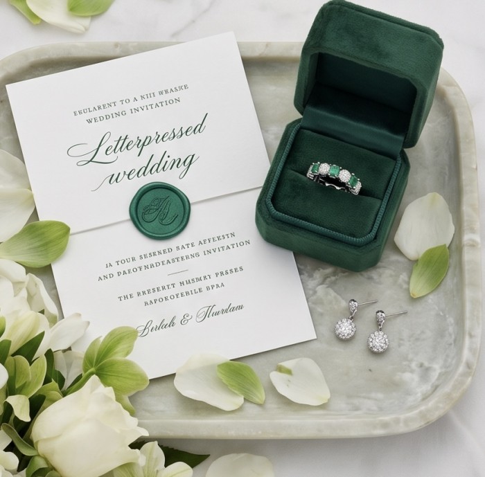 Art Deco 6.7 carat Emerald .925 Sterling Silver handcrafted Ring size 6 1/2 - Emerald ring in box, top view with earrings and wedding invitation.