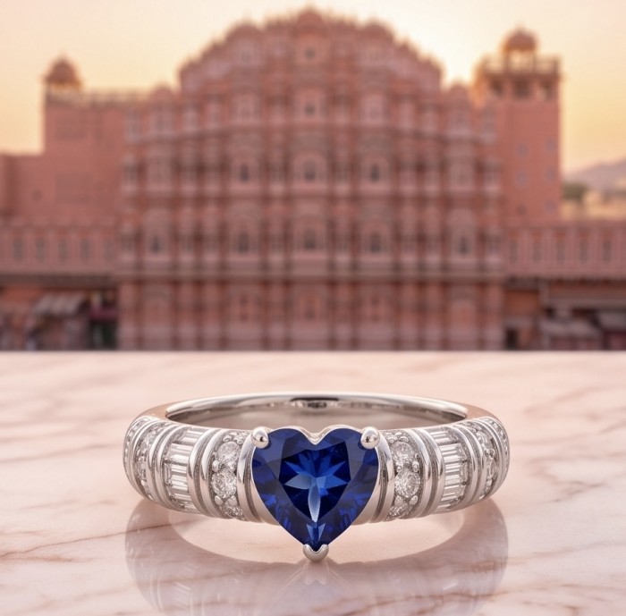 Love is Forever HEART cut 1.8 carat Sapphire .925 Sterling Silver handcrafted Cocktail Ring s. 8 - Heart-shaped sapphire ring with sterling band, front view.
