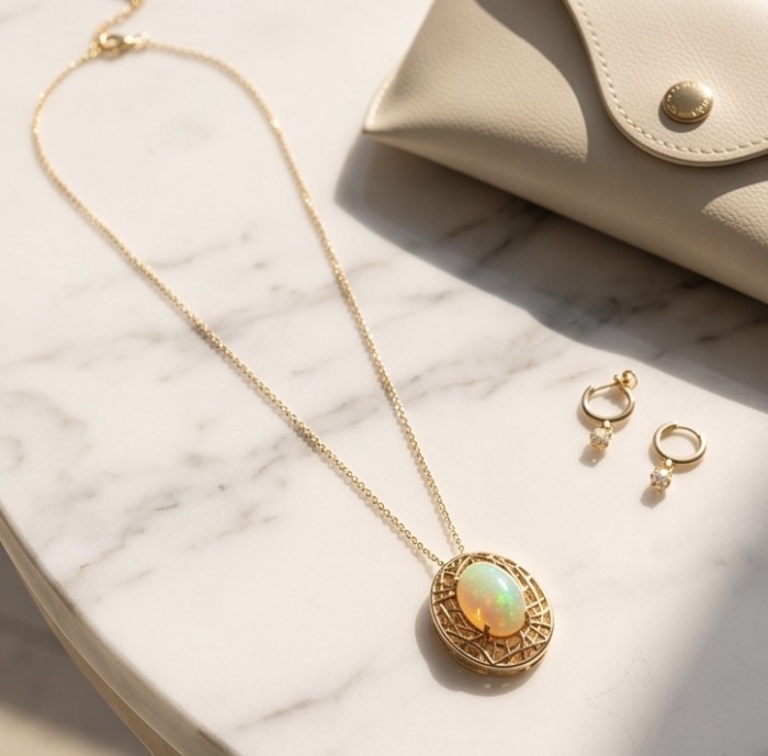 Earth Treasure Authentic 12.8 carat Golden Ethiopian Opal 22K Gold over .925 Sterling Silver handcrafted Statament Necklace - Golden opal necklace and earrings on marble table, top view.