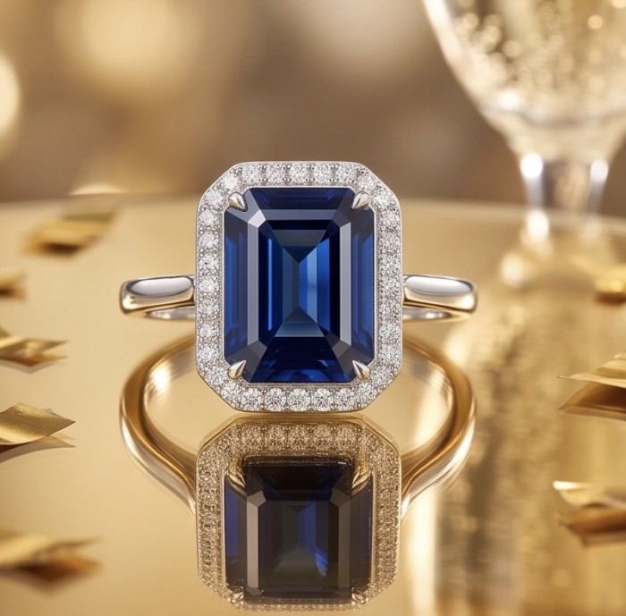 Stella emerald cut 4.5 carat Sapphire .925 Sterling Silver handmade Statement ring size 6 - Close-up of Stella 4.5 carat sapphire ring in sterling silver